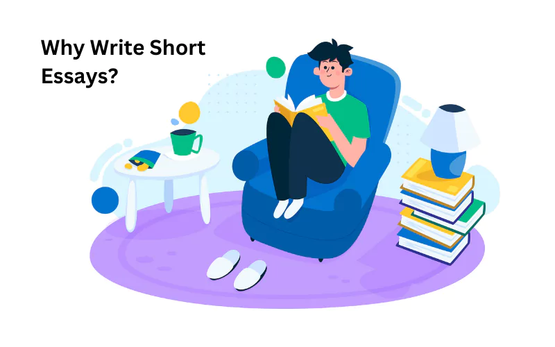 The image shows a student reading on reason to write short essay The image shows a student reading on reason to write short essay