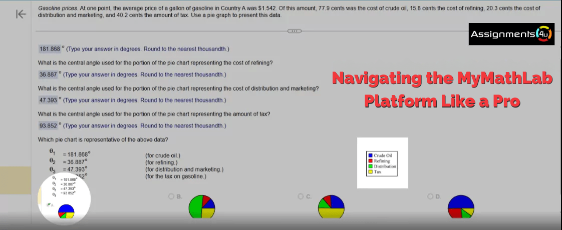  Navigating MyMathLab answers with pie chart questions; correct answer choices for distribution data<br />
