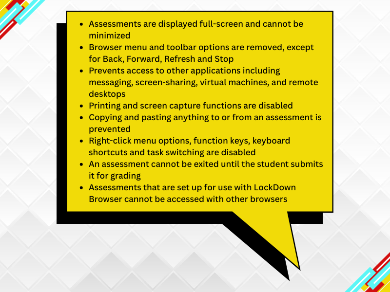 A list of LockDown Browser features for preventing cheating on WebAssign, such as disabling right-clicking and screen capture