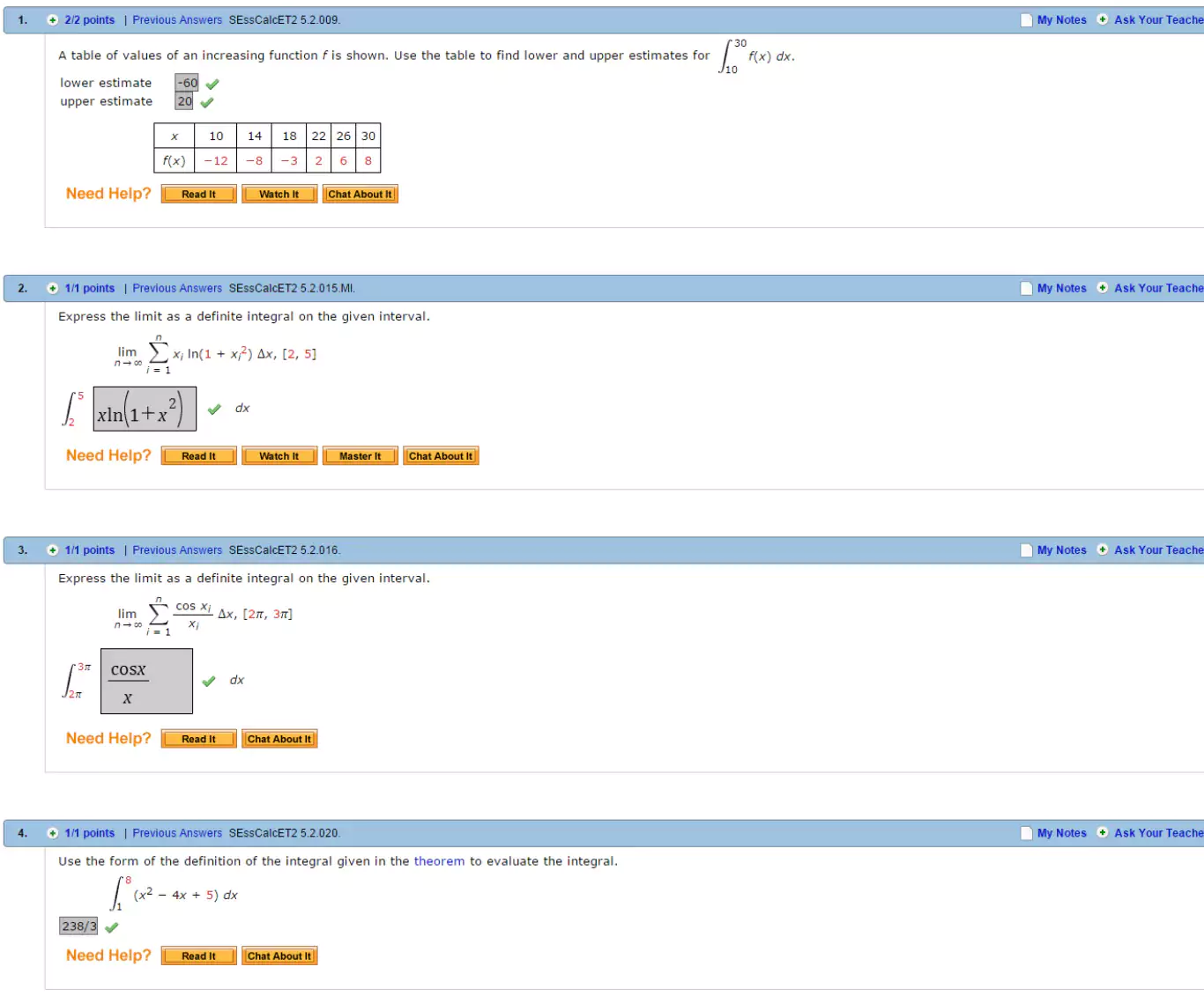 WebAssign Answers showing table for estimating integral with lower and upper estimates for function