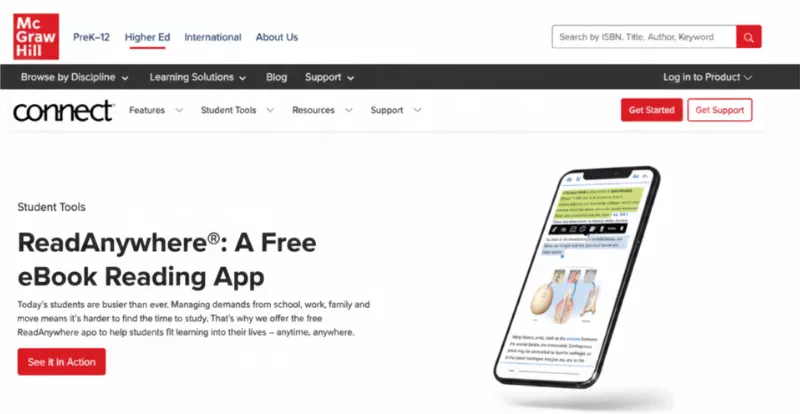 Image showing interface of Readanywhere app which comes with McGraw Hill Connect.