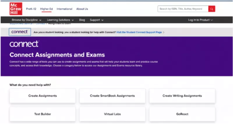 McGraw hill assignment and exam portal with different options like create assignments, GoReact etc. 