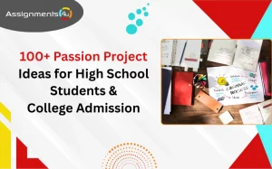 A creative workspace showing notebooks and materials, with an emphasis on passion project ideas for high school students