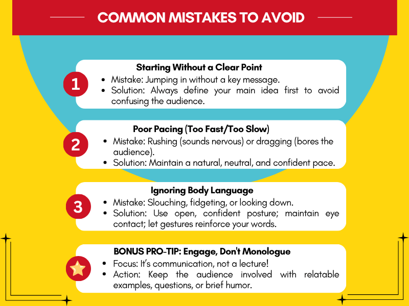 Common mistakes to avoid in impromptu speech topics, including clear points, pacing, and engagement.