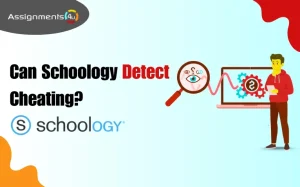 Can Schoology Detect Cheating? showing a magnifying glass, a laptop, and a student character