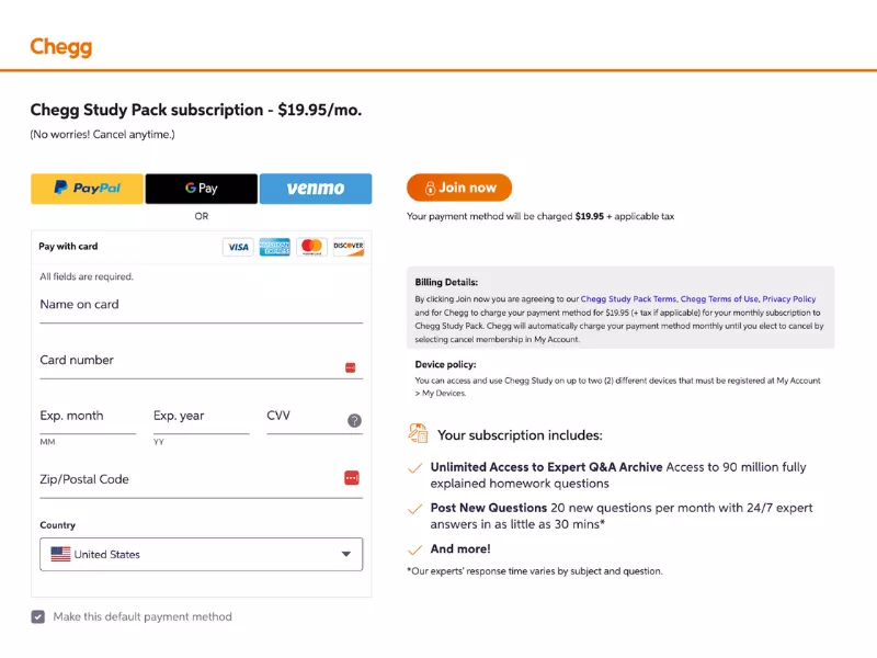  Chegg free trial signup page