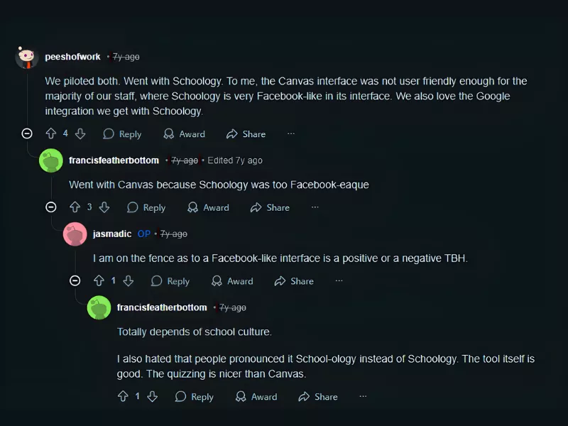 A Reddit thread compares Schoology and Canvas. Users debate the Facebook-like interface, pronunciation, and quizzing features