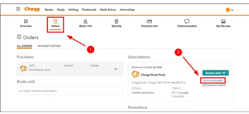 How to Cancel Chegg Free Trial? Select “Orders” and Click on “Cancel Subscription”