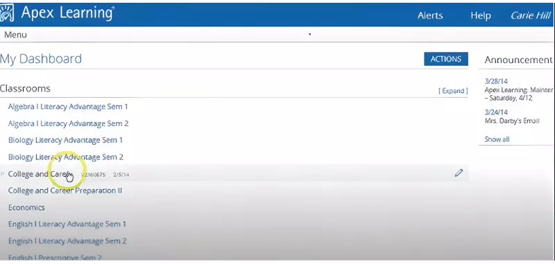 Apex learning answers dashboard showing multiple courses, classroom list, and student progress view.