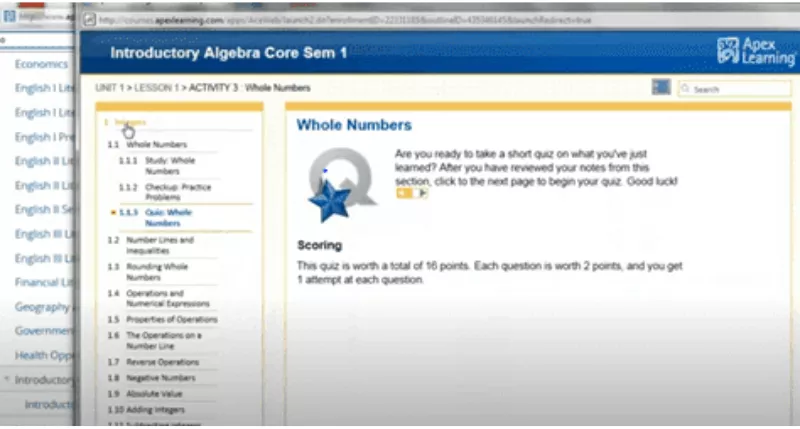 Apex learning answers interface showing introductory algebra quiz, whole numbers lesson, and scoring details.