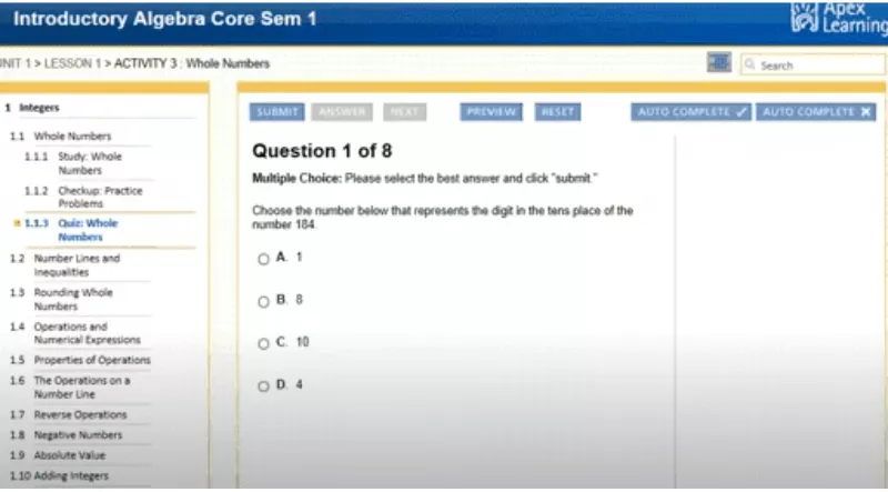 Apex learning answers quiz screen showing multiple choice algebra question on whole numbers.