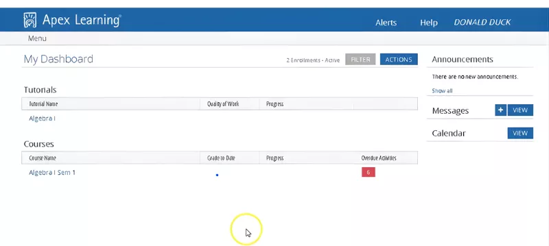 Apex learning answers dashboard view showing course progress, tutorials, and pending quizzes.