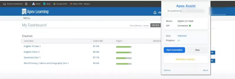 Apex learning answers dashboard showing course progress with Apex Assist tool and automation panel.