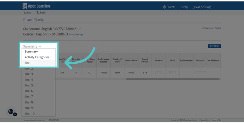 Apex learning answers gradebook view showing summary, activity categories, and student scores Apex learning answers gradebook view showing summary, activity categories, and student scores