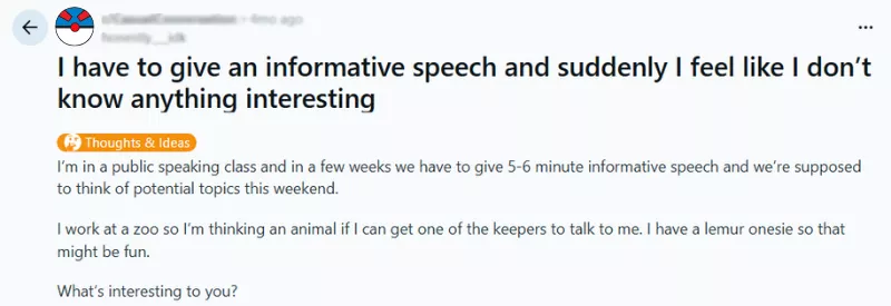 Reddit post asking for help for informative speech topic