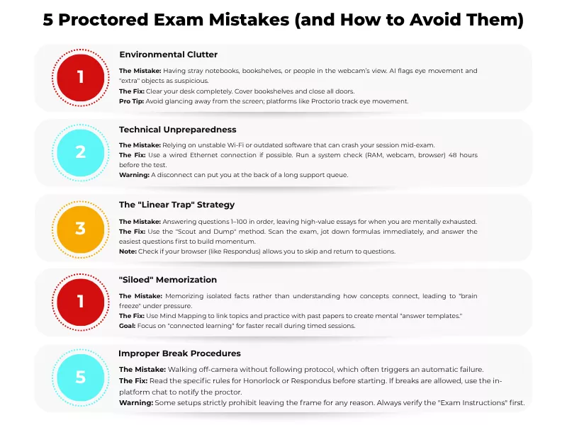 List of 5 common proctored exam mistakes covering technical prep and exam strategy