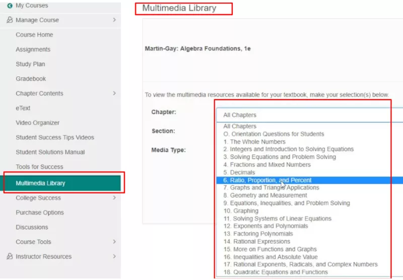 a portal image of where to find eTextbook and Multimedia Library on MyMathLab