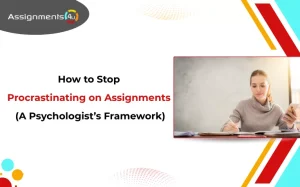 Banner on how to stop procrastinating on assignments with student writing at desk