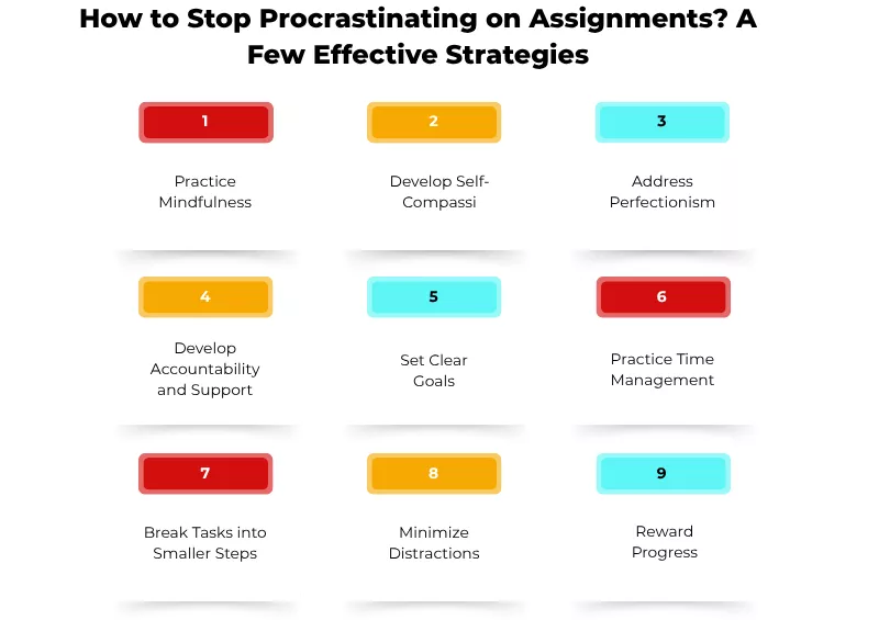 Infographic on how to stop procrastinating on assignments with 9 effective strategies listed