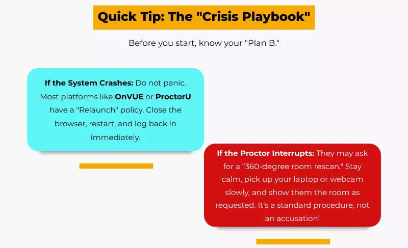 Online proctored exam tips for system crashes and handling proctor interruptions mid-test