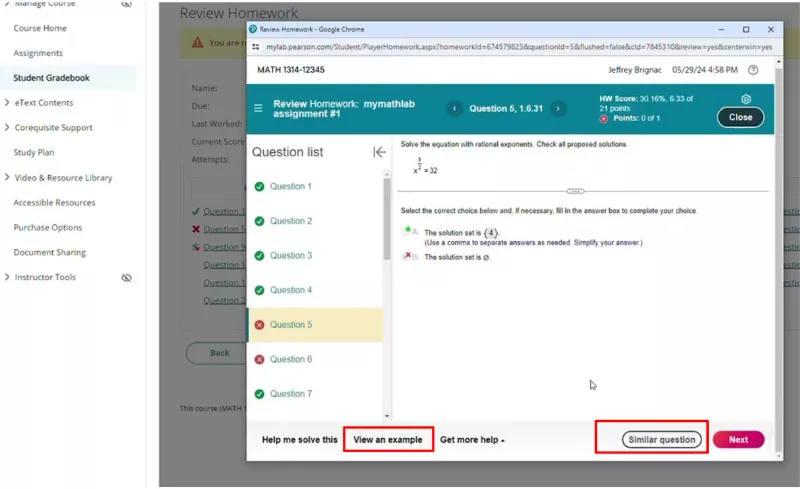 A portal image of where to find "View an Example" on MyMathLab Quiz