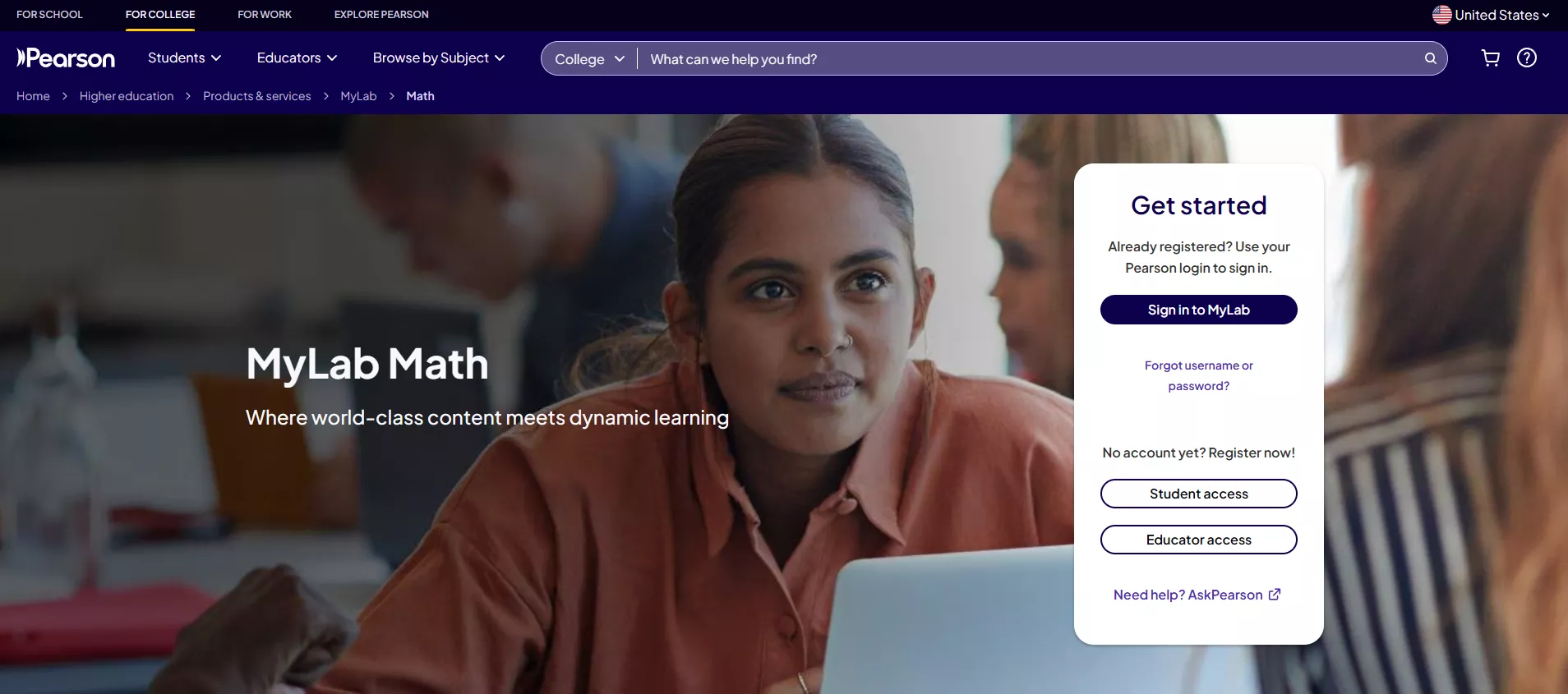 a portal image of MyMathLab platform