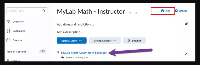 an portal image of mymathalb showing “print” option