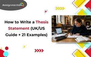 a blog banner image with text How to Write a Thesis Statement (UK/US Guide + 21 Examples)