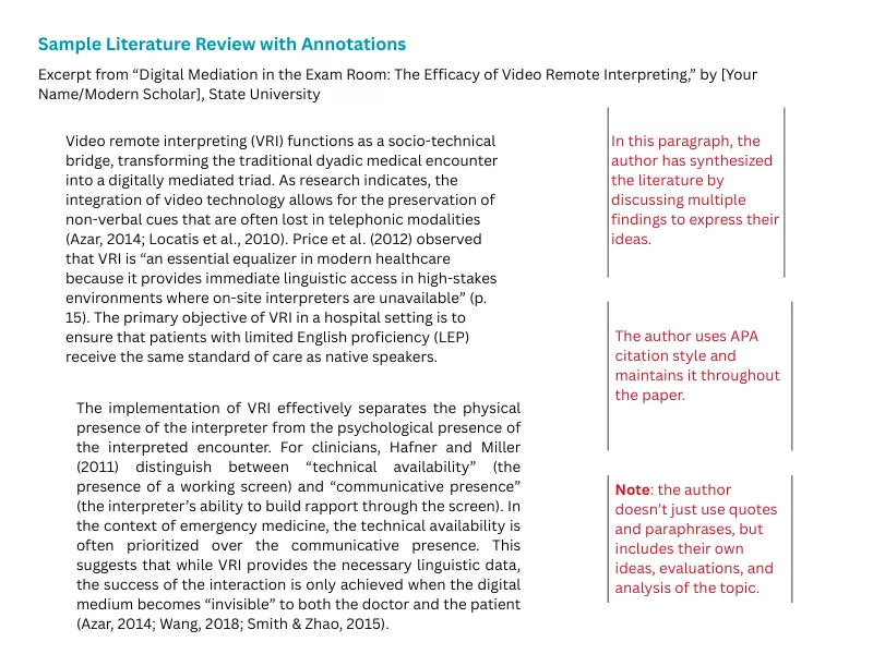 an image with an example of how to write a literature review main body with APA citation