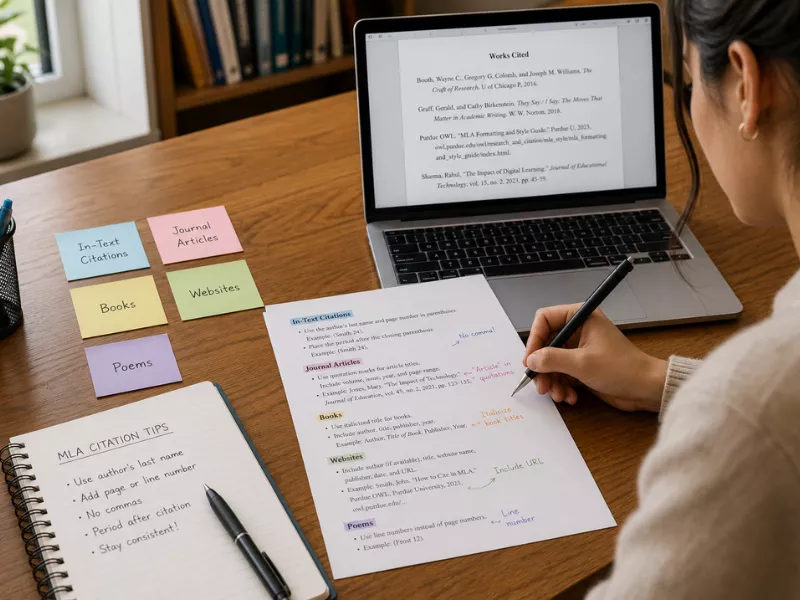MLA punctuation rules for in-text citations, books, websites, journal articles, and poems