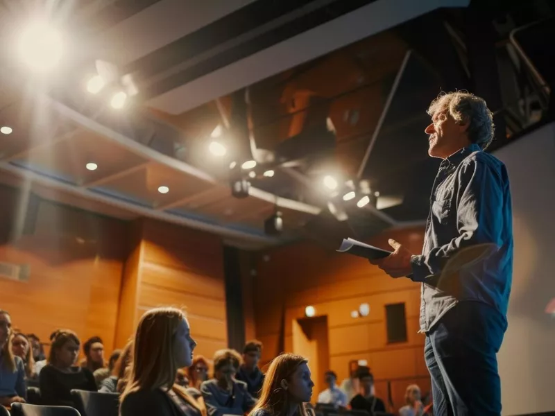 College lecturer discussing policy speech topics before a classroom audience