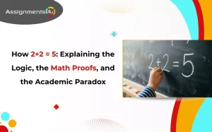 Student writing how 2 + 2 = 5 on a chalkboard to illustrate a mathematical paradox.