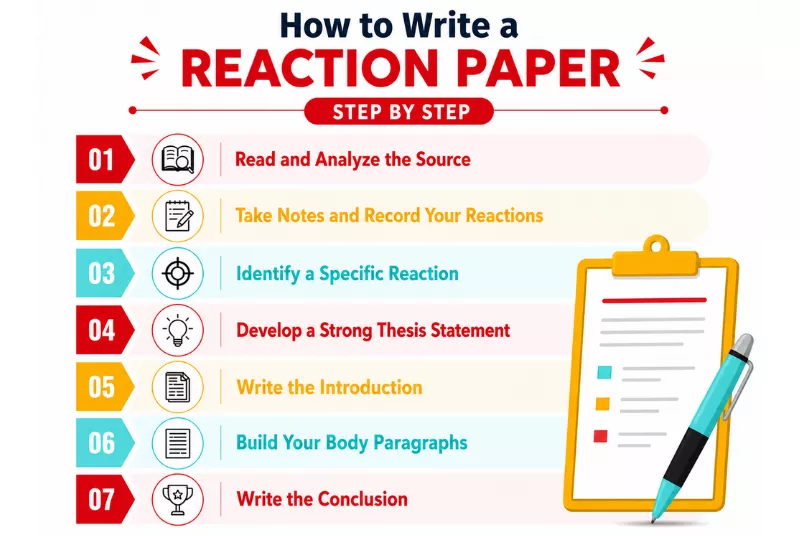 Reaction paper writing guide showing seven steps from analysis to conclusion<br />
