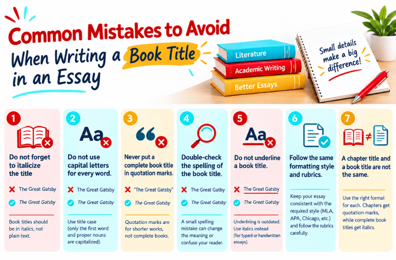 Infographic of common mistakes to avoid when writing a book title in an essay Infographic of common mistakes to avoid when writing a book title in an essay