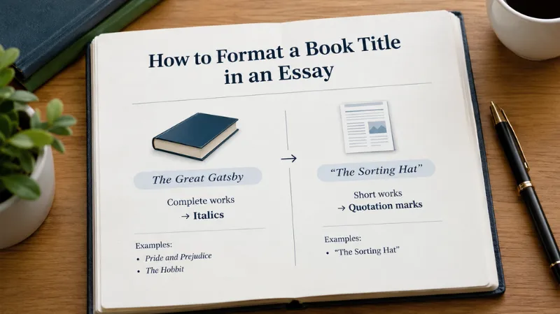 Open notebook showing how to format a book title in an essay with italics and quotes