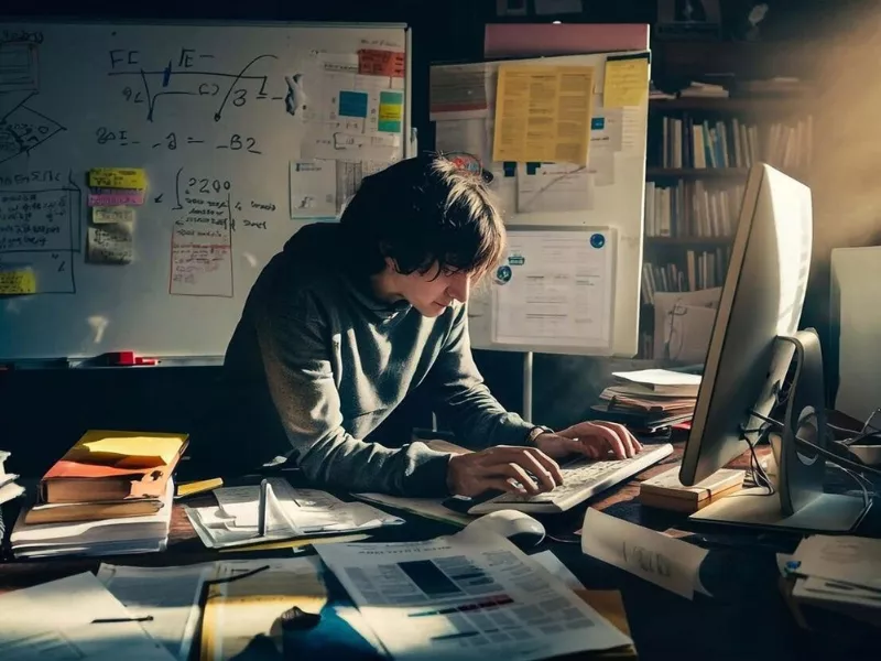 Student working intensely at a desk on academic research requirements. 