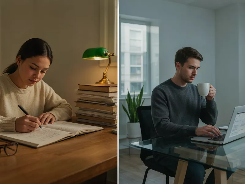 Side-by-side view comparing a master's thesis writer to a doctoral dissertation researcher. 